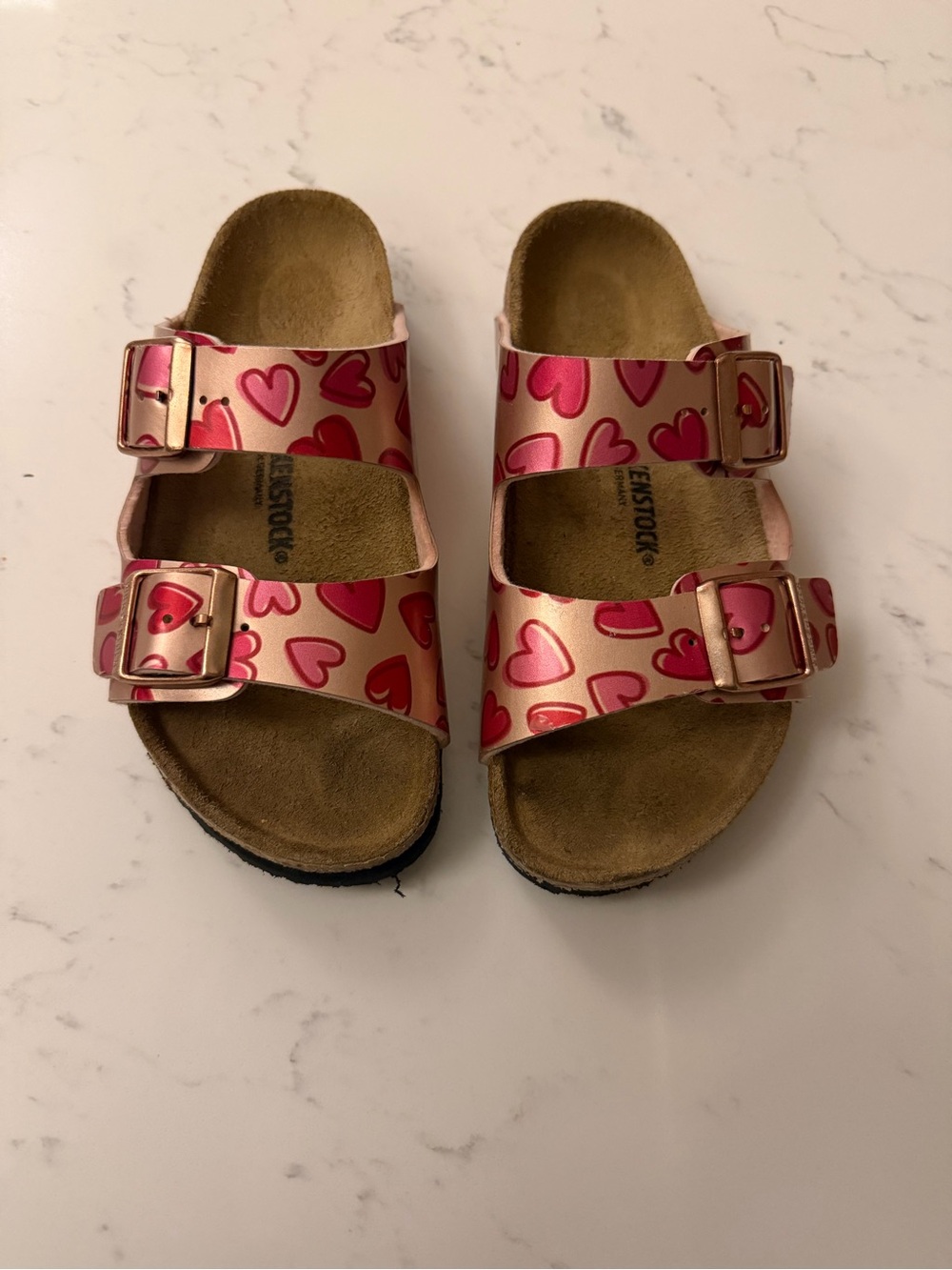 Birkenstock Pink Heart Arizona Slide Sandals for girls